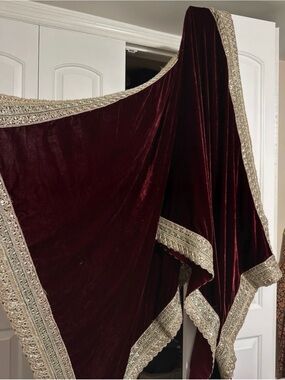 Ethnic Indian Wear Velvet Maroon Shawl with Gold Embroidered Border